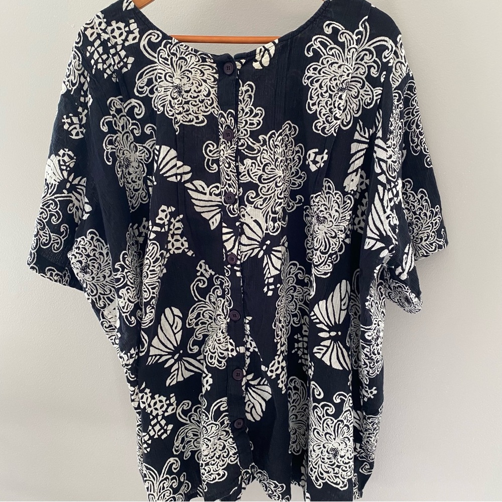 Roaman’s Cotton Gauze Flowy Flowery Summer Floral Button-Front Top